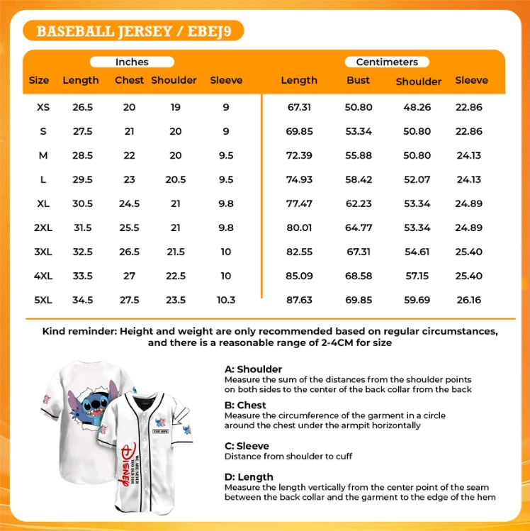 3d baseball jersey size chart 1 - BTS Store UK