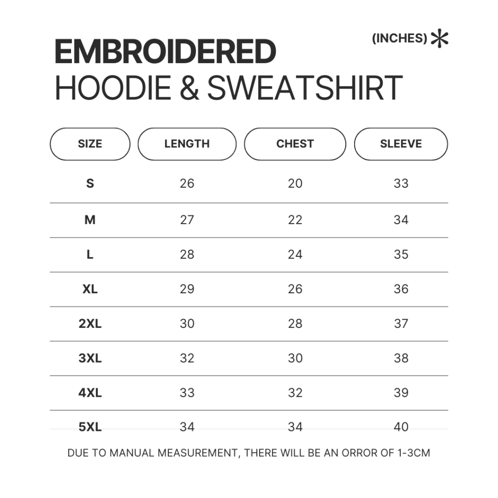 Embroidered Hoodie Sweatshirt Size Chart - BTS Store UK