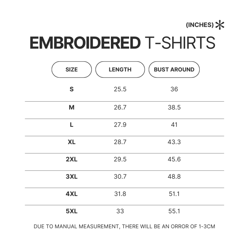 Embroidered T shirt Size Chart - BTS Store UK